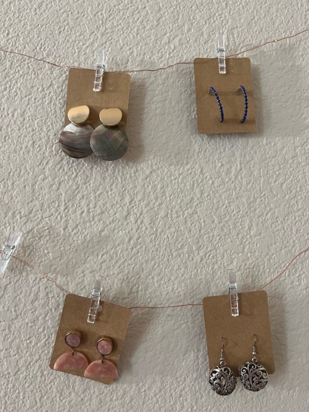 Mixed Earrings Set — Mother of Pearl, Pink Stone, Blue Hoop, Silver Filigree